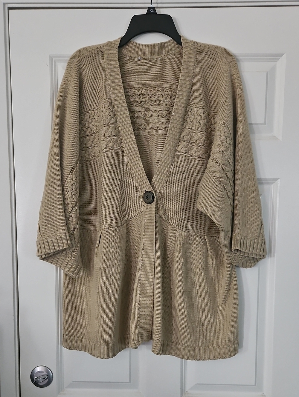 Beige Cable Knit Open Cardigan Sweater
